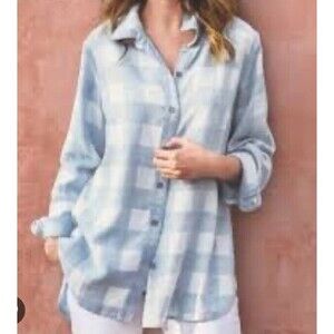 Soft Surroundings Tunic Top Size Medium Log Sleeve Button Soft Gray Plaid